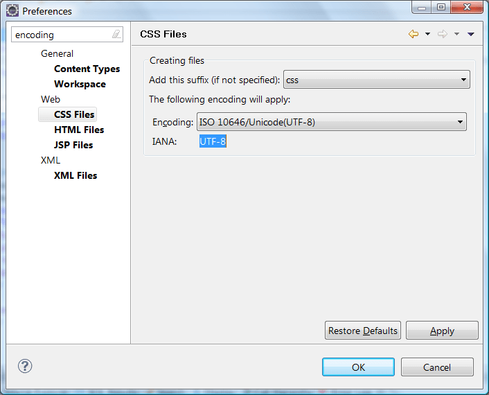 Screenshot of the Web/XML -> Files section of the Workspace Preferences dialog in Eclipse IDE
