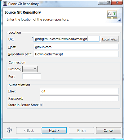 Eclipse import Git project wizard - Clone Git Repository page